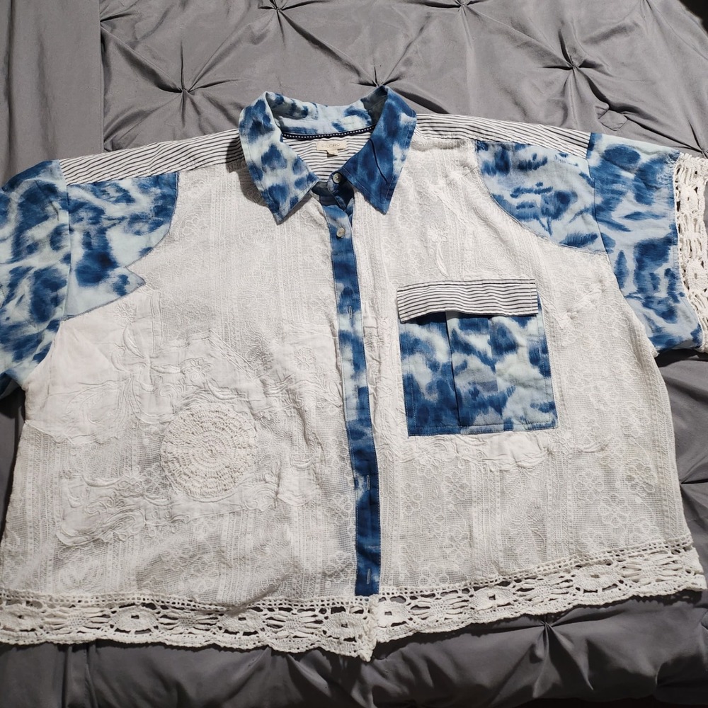 Pilcro Anthropologie Mixed Media Lace Tie Dye Patchwork Shirt Women 2X Blue